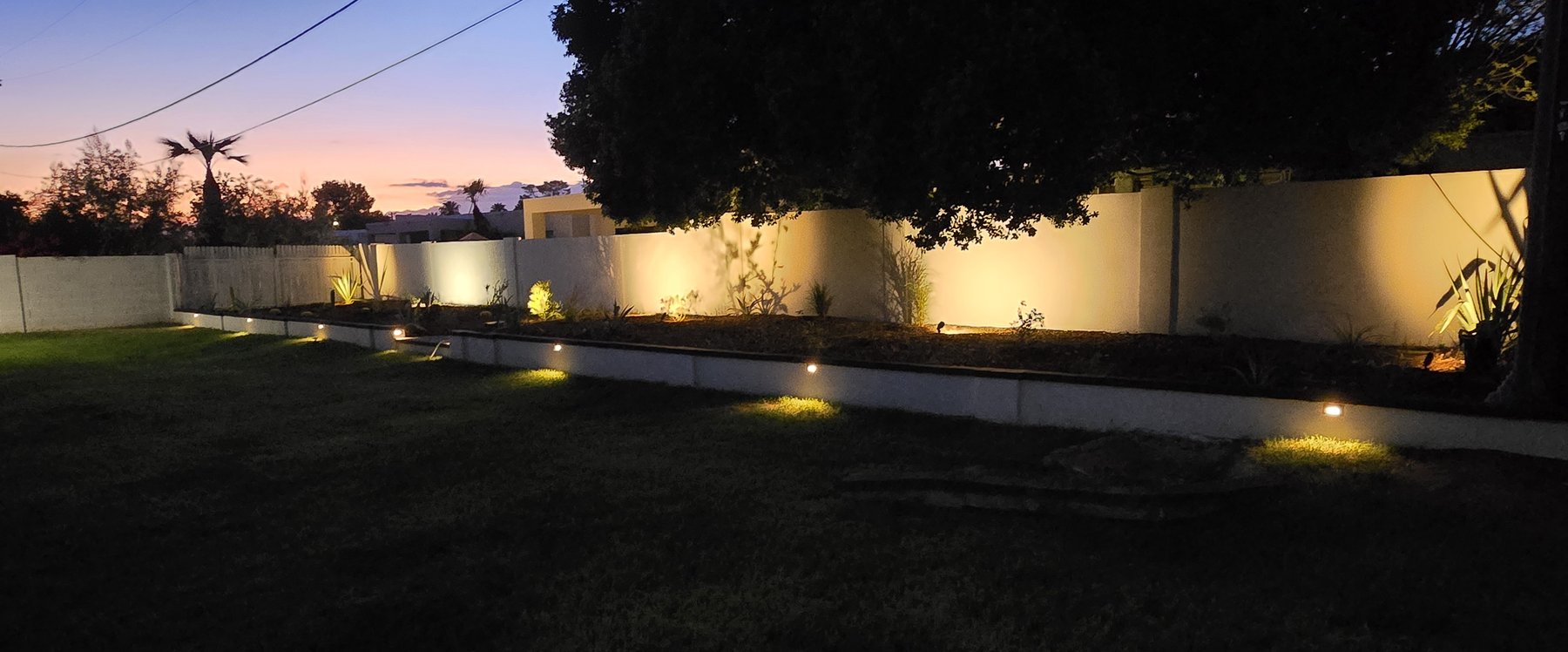 Real photo of backyard landscape lighting at dusk