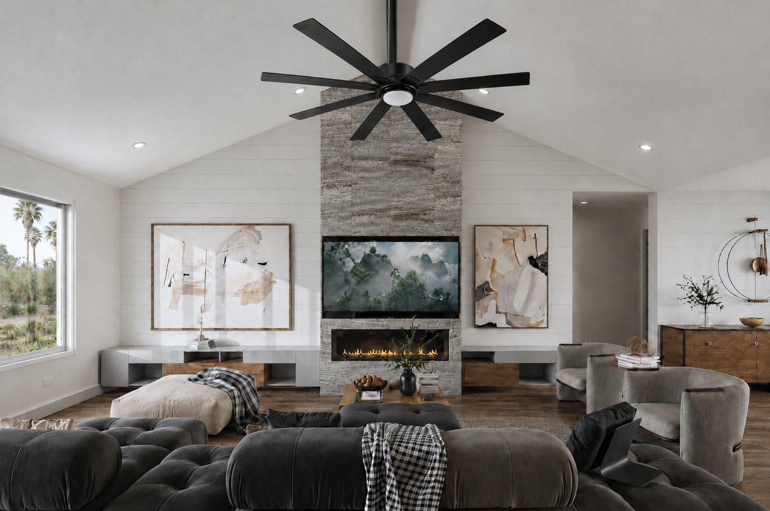 Great room with vaulted shiplap ceiling and fireplace